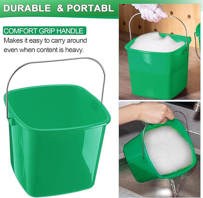 Zhehao 6 Pcs 3 Quart Bucket for Cleaning Small Sanitizer Bucket for Restaurant Square Plastic Pail with Handles for Home Offices Commercial Use Food Service(Dark Green)