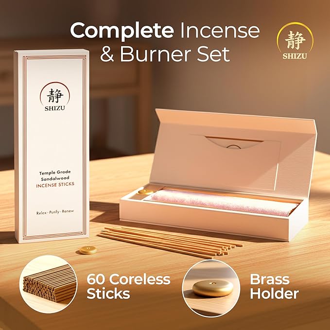 Shizu Sandalwood Incense Sticks – Artisanal Temple Grade Japanese Incense with Brass Holder – Calming Scent for Relaxation Meditation &amp Home Spa Elegant Gift Set (60 Sticks)