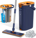 Mop and Bucket Set with Wringer 3-Tank Flat Mop and Bucket System Wall Mop Cleaner with Long Handle Hands Free Mops for Floor Cleaning with 6 Microfiber Pads
