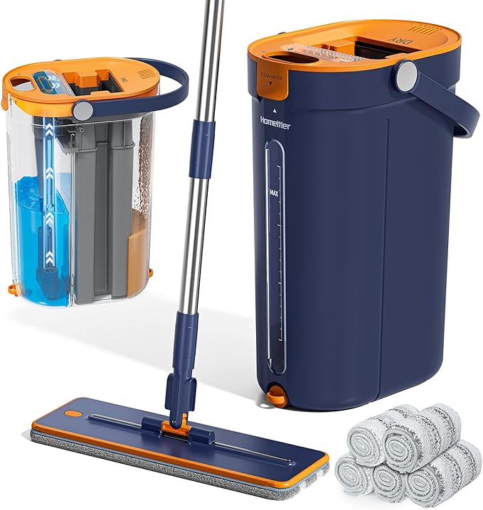 Mop and Bucket Set with Wringer 3-Tank Flat Mop and Bucket System Wall Mop Cleaner with Long Handle Hands Free Mops for Floor Cleaning with 6 Microfiber Pads