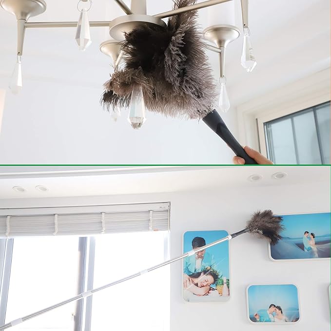 Gray Ostrich Feather Duster with 71Inch PoleExtendable Microfiber Duster for Home Cleaning
