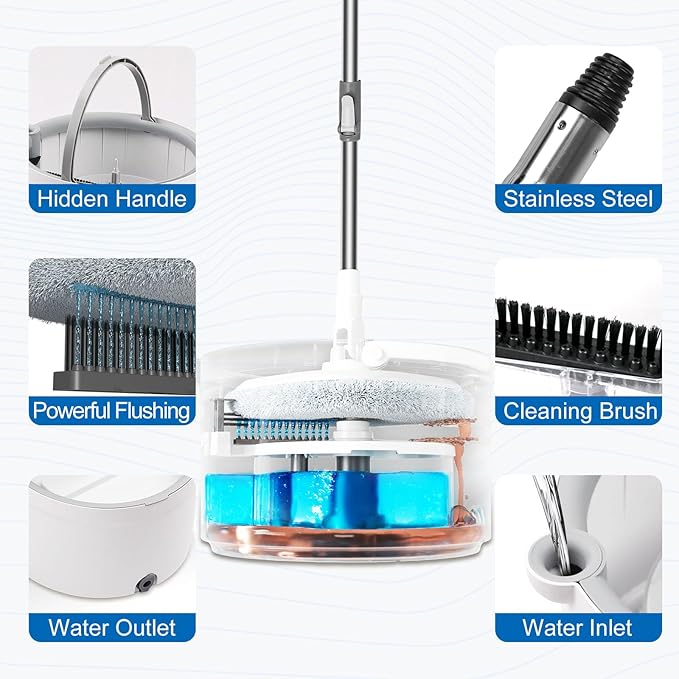 Spin Mop and Bucket with Wringer Set 360° Spinning Mop Bucket with Separate Dirty and Clean Water System with 3 Microfiber Mop Pads and 52 Stainless Steel Adjustable Handle for Floor Wall Cleaning