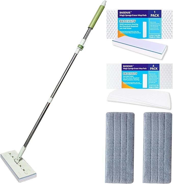 Magic Sponge Eraser Mop 60 Adjustable Mop Handle with Flexible 13 Flat Head with Microfiber Pad and Magic Sponge Eraser Pads