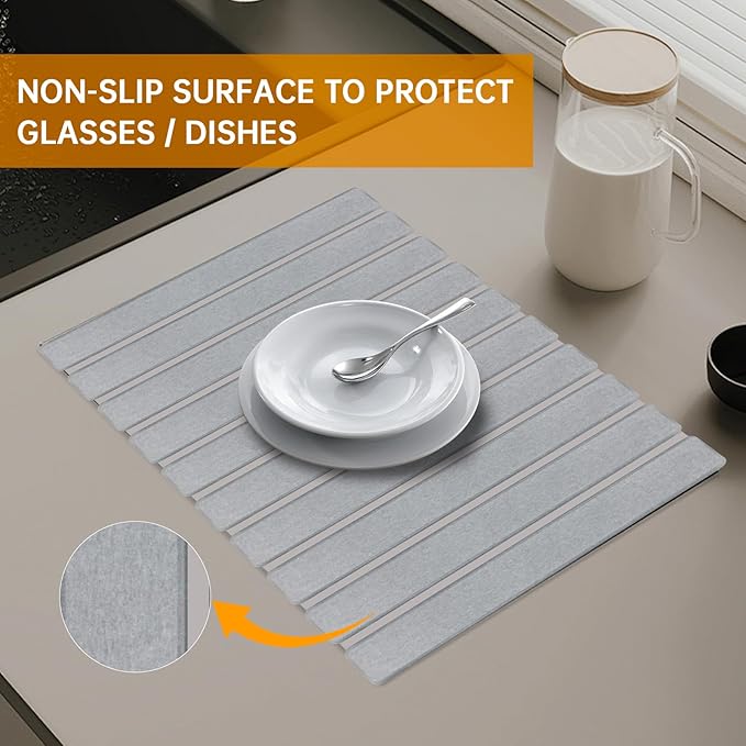 Stone Dish Drying Mat for Kitchen Counter 24x16 Collapsible Large Stone Dish Drying Mat Eco-Friendly Absorbent Diatomaceous Earth Mats for Cups Dishes Bottles(Medium grey)