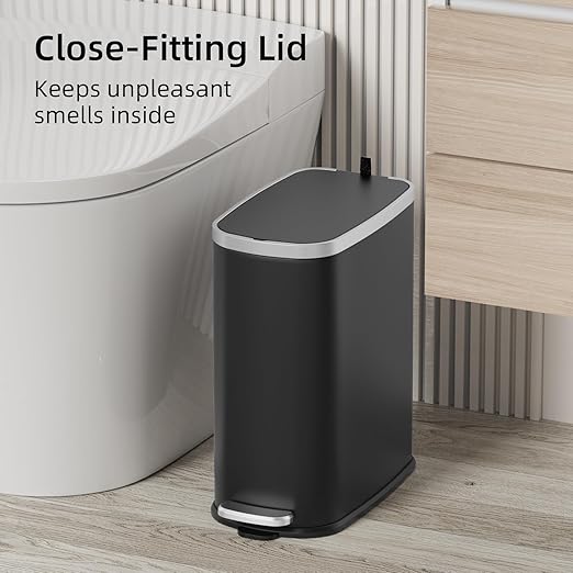 KUK Slim Bathroom Trash Can with Lid Soft Close Step Pedal 2.6 Gal/ 10L Stainless Steel Garbage Can with Removable Inner Bucket Anti-Fingerprint Wastebasket for Office Bedroom Toilet (Black)