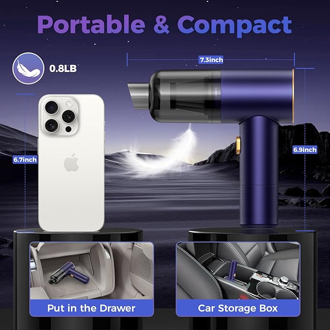Handheld Car Vacuum Portable Cordless18000PA High Power Vacuum Cleaner with Brushless Motor.7 in 1 Mini Hand Held Vacuum Rechargeable AirDuster/Blower for CarHomeOficePet