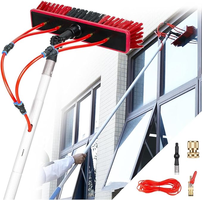 Glass Cleaning Brush Home Water Fed Telescopic Pole Kit Solar Panel Brush Rotating for Photovoltaic PanelTelescopic Window Cleaner Kit - 10M Extendable Pole with 35cm Water Fed Brush Head f