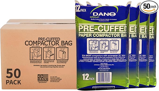 Dano Pre-Cuffed Paper Trash Compactor Bags (50 Pack) | Heavy Duty Kitchen Garbage Compactor Bags &amp Liners | 16 Gallon Precuffed Garbage Bag for Compactor | Eco-Friendly Compactor &amp Trash Bag