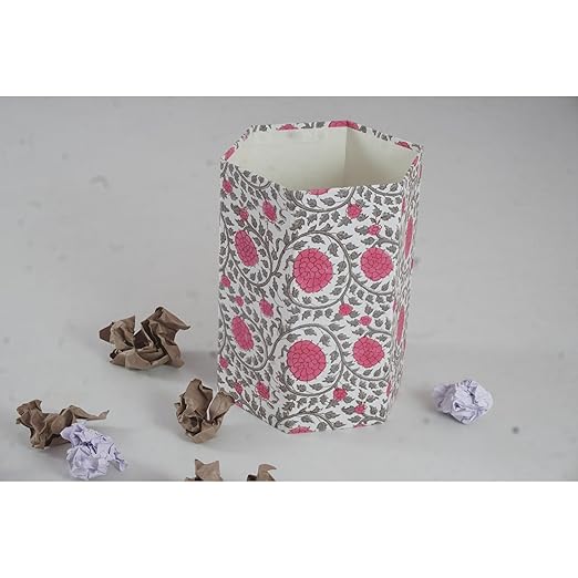 Floral Hand Block Printed 3.3 Gallon Decorative Waste Basket – Eco-Friendly Cardboard Trash Can Plastic-Free &amp Sustainable Perfect for Christmas and Housewarming Gifts (1 Pink GEDHA FLOWAR)
