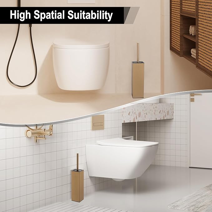 BGL Toilet Brush with Holder for Bathroom Matte Brushed Brass Aluminium Standing for Bathroom Toilet Bowl Cleaner Brush and Holder Set Square Design