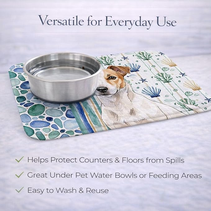 Caroline's Treasures White and Tan Jack Russell Terrier Coastal Sea Glass Dish Drying Mat Absorbent Dish Drying Mat Pad for Kitchen Counter Dish Drainer Mat for Countertop 14 x 21 Multicolor