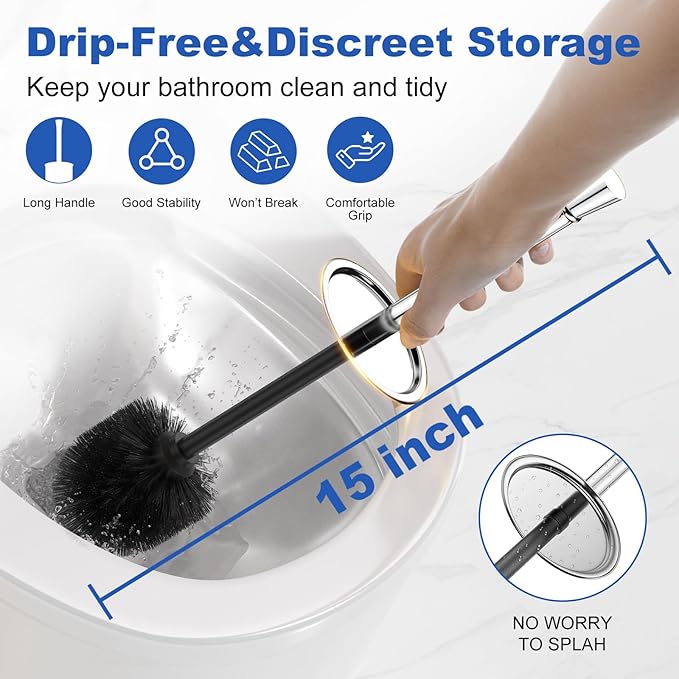 Toilet Brush and Holder Set：304 Stainless Steel Heavy Duty Toilet Bowl BrushRemovable Inner Bowl and Splash ProtectionBathroom Toilet Brush-Dense Bristles for Through Cleaning