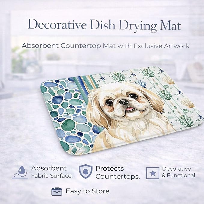 Caroline's Treasures Cream Pekingese Coastal Sea Glass Dish Drying Mat Absorbent Dish Drying Mat Pad for Kitchen Counter Dish Drainer Mat for Countertop 14 x 21 Multicolor