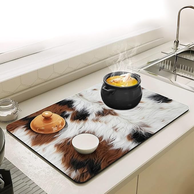 Coffee Bar Mat Super Absorbent Rubber Anti Slip Bottom Striking Cow Anti Stain Coffee Mat for Countertop Large Dish Drying Mat Accessories Suitable for Kitchen Counter Restaurants