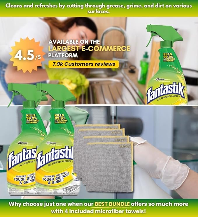 Fantastik Lemon Scent Multi-Purpose Cleaner Spray 32 oz Bundle with Microfiber Cloth - Multi-Surface Cleaner - Removes Grease &amp Grime - Leaves a Fresh Clean Finish - (6 Items)