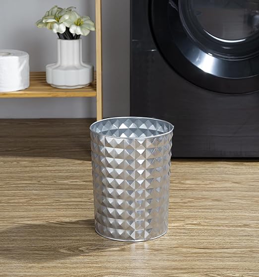 Small Round Metal Trash Can Wastebasket Decorative Diamond Pattern Garbage Can Waste Paper Bin Modern Farmhouse Round Trash Bin for Bathroom Bedroom Kitchen and Office (Silver)