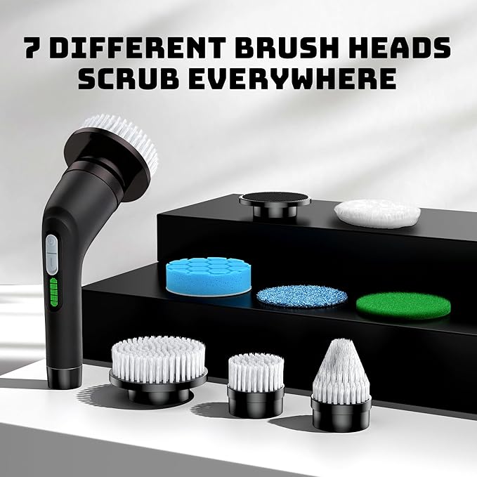 Shower Scrubber with Long Handle - Bathroom Power Electric Spin Scrubber for Cleaning Bathtub with 7 Brush Heads - Cordless IPX7 Waterproof Automatic for Grout Tile Tub Toilet Car
