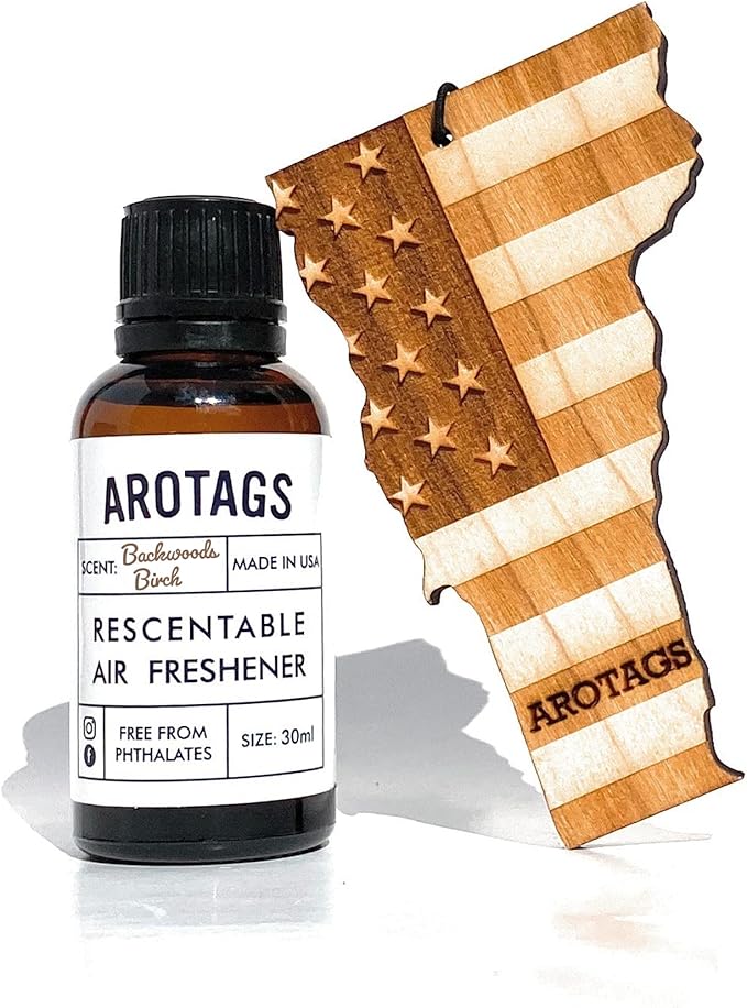 Arotags Car Air Freshener - Reusable Wood Diffuser - Hanging Odor Eliminator - Vermont Patriot - Backwoods Birch Scent