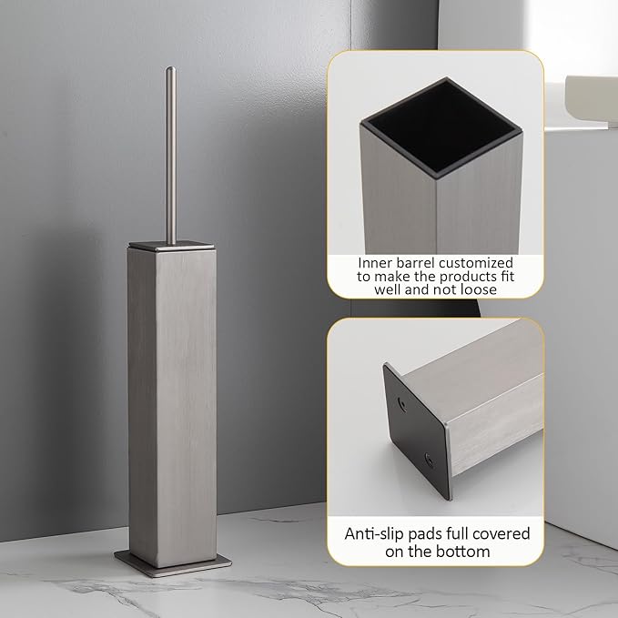 Toilet Brush and Holder Floor Standing Brushed Nickel with 2 Replaceable Heads Freestanding Toilet Bowl Brush with Removable Liner and Splash Guard Modern Square Design
