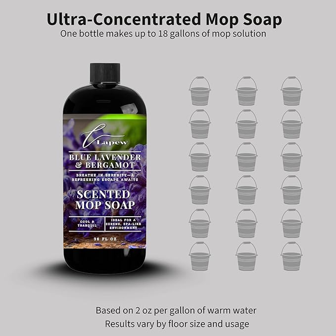 Lapew Blue Lavender &amp Bergamot Scented Mop Soap - Luxury Floor Cleaner Concentrate for Mopping Tile Laminate Vinyl &amp Hardwood | Streak-Free Low-Foam | 36 oz