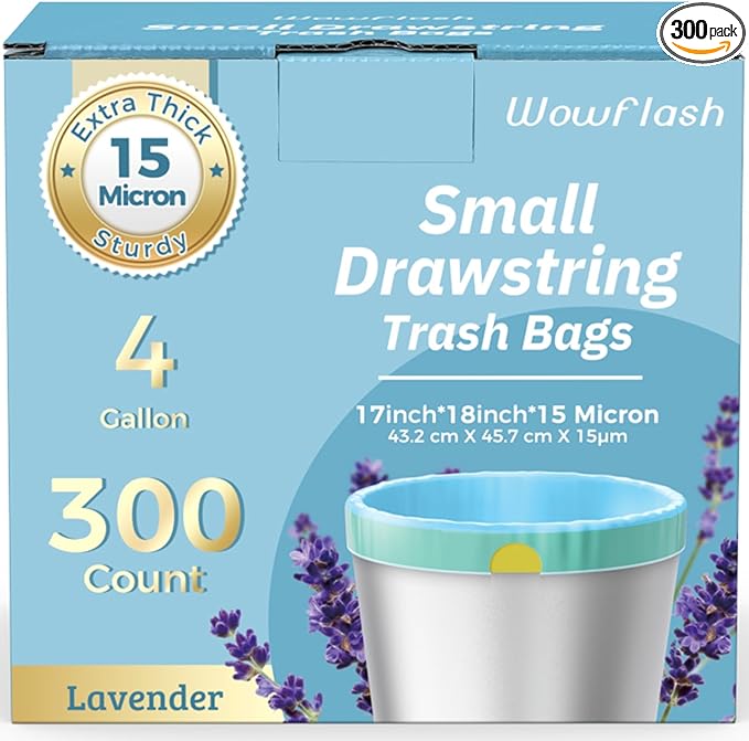 300 Count 15 Micron Extra Thick 4 Gallon Drawstring Small Trash Bags Sturdy &amp Tear-Resistant Small Garbage Bags for Bathroom Office Bedroom &amp Kitchen