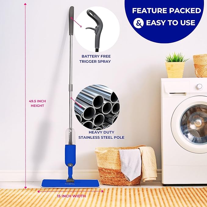 True &amp Tidy® Multi-Surface Spray Mop with Refillable Water Bottle Use Any Cleaning Solution Easy to Fill and Refill with Machine Washable Mop Pad (Navy)