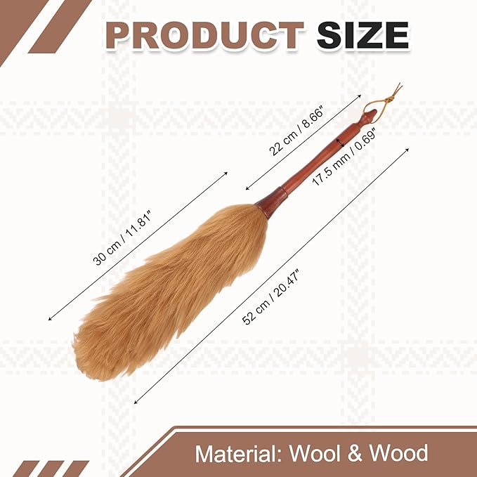 uxcell Wool Duster 20.5 Natural Feather Cleaner Household Cleaning Duster with Solid Wooden Handle for Cleaning Fans Window Blinds Shelves Furniture Light Brown
