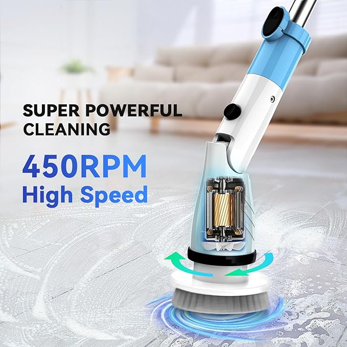 Electric Spin Scrubber with 5 Brush Heads Cordless Cleaning Brush 450 RPM Motor 27-47 inch Adjustable Handle Power Scrubber for Bathroom Tile Floor