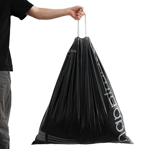 happimess HPM3000V-BLACK 100-Count 30 Gallon Drawstring Unscented Trash Can Liner for Business Home Kitchen Commercial and Industrial Black (4-Rolls of 25 Liners)