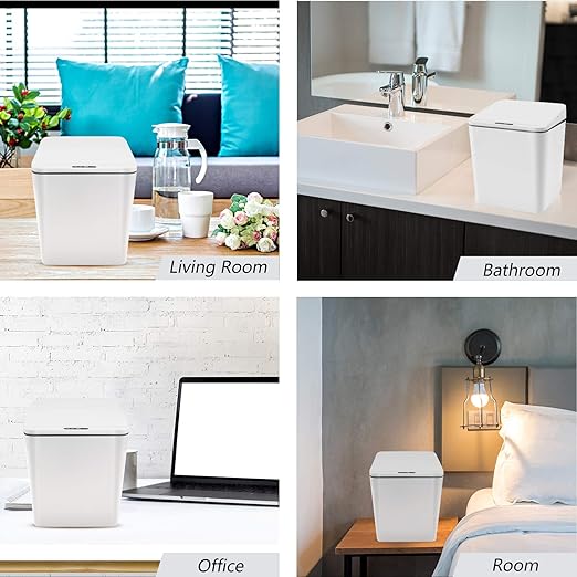 Automatic Small Countertop Trash Can with Lid 1.5 Gal/6L Toucheless Mini Waste Bin for Office Desk/Bedside Table/Coffee Bar -Batteries White