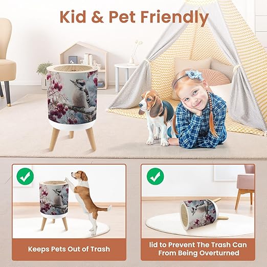 Bathroom Trash Can with Lid Abstract Woodpecker Snowy Cherry Branch Snow Red Berries Winter Garbage Bin Waste Basket for Kitchen Office Bedroom Decoration Diaper Pail 1.8 Gallon