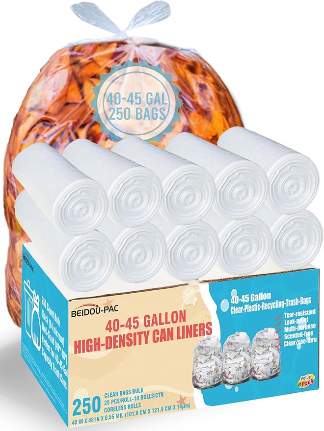 40-45 Gallon Lawn &amp Leaf Trash Bags 250 Count Heavy Duty Clear Plastic Recycling Bags Unscented