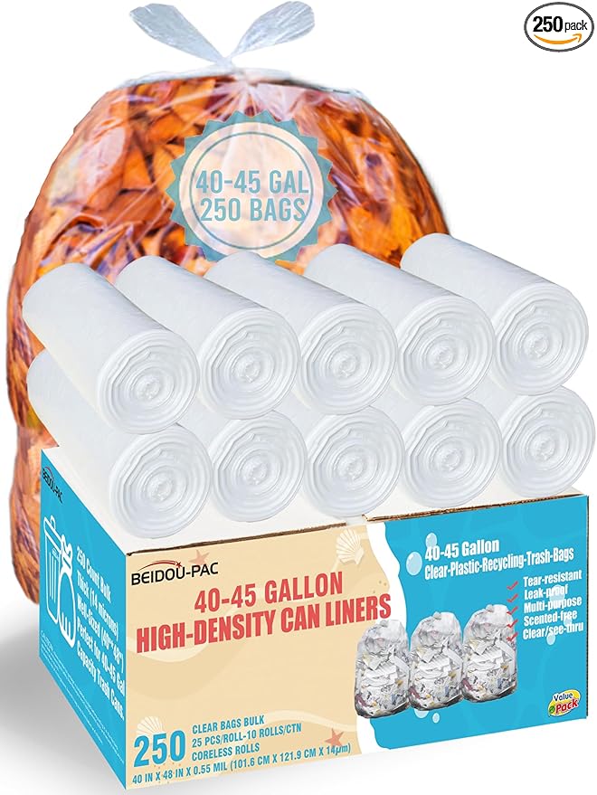 40-45 Gallon Trash Bags 250 Count Bulk Heavy Duty Clear Plastic Recycling Garbage Bags Multi-purpose Can Liners for Business Home Commercial Industrial Contractors Storage Outdoor