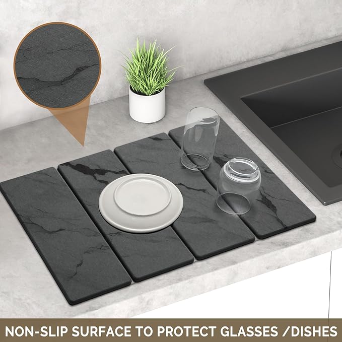 Large Stone Dish Drying Mat for Kitchen Counter 2 PCS Quick Dry Stone Mats Foldable Water Absorbing Diatomaceous Earth Drying Dishes Pad for Countertop Bottles Utensils Cup(Dark gray 24x16&amp8x