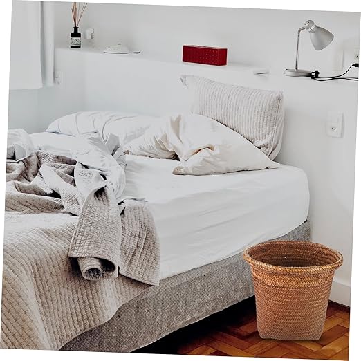 Happyyami Waste Holder Straw Woven Waste Paper Basket Decorative Small Wastebasket for Home