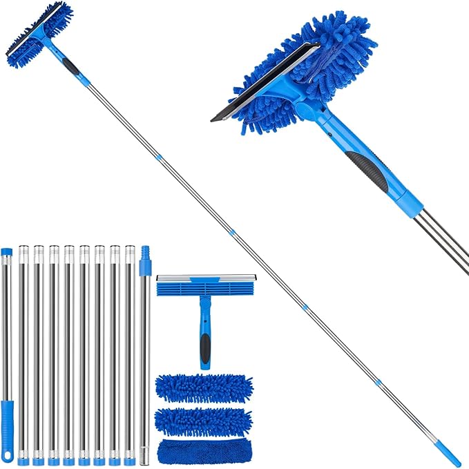 Window Squeegee 2-in-1 Window Cleaner with Removable Extension Poles 177'' Window Washing Kit Glass Door Cleaner Multi-Use Car Windshield Cleaning Tool with 1 Blade 3 Scrubber for High Outdoor Window