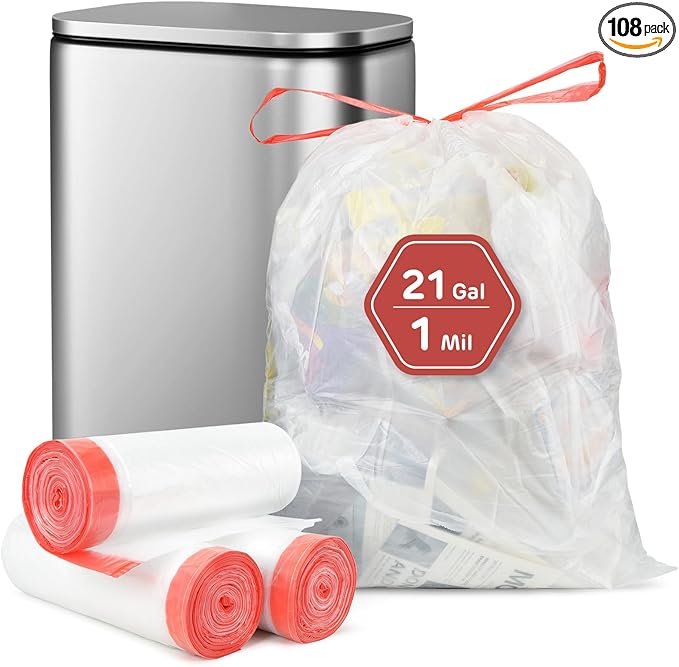 21 Gallon Trash Bags XL-Large Garbage Bags with Drawstring 108 Count Heavy Duty Trash Can Liners for Kitchen Office Yard Commercial Use Clear
