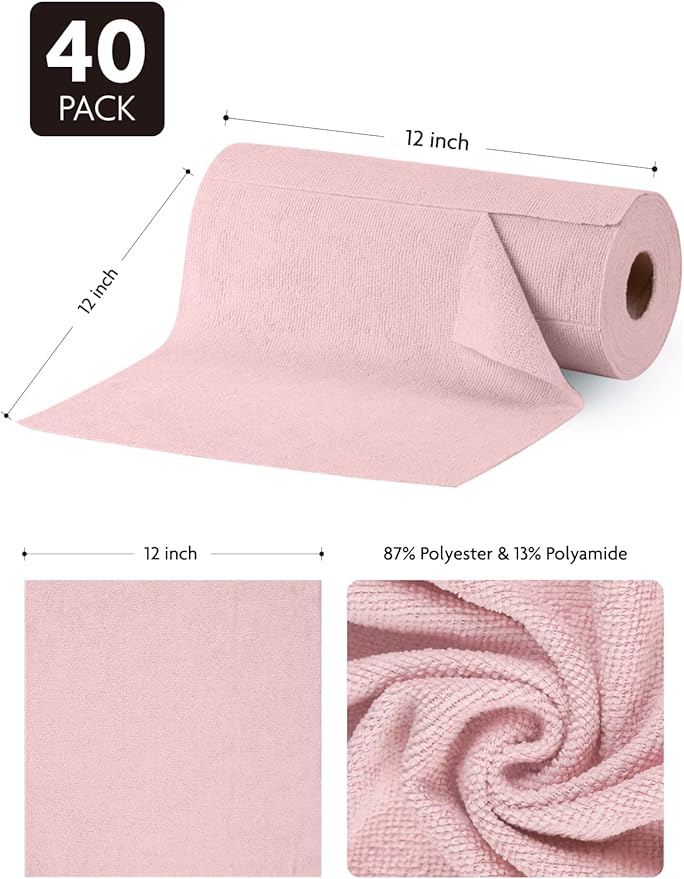 Fantasticlean Microfiber Cleaning Cloth Roll -40 Pack Tear Away Microfiber Towels 12 x 12 Reusable Washable Lint Free Ultra Absorbent Dishcloth for Car Pet Kitchen Cleaning Supplies (Pink)