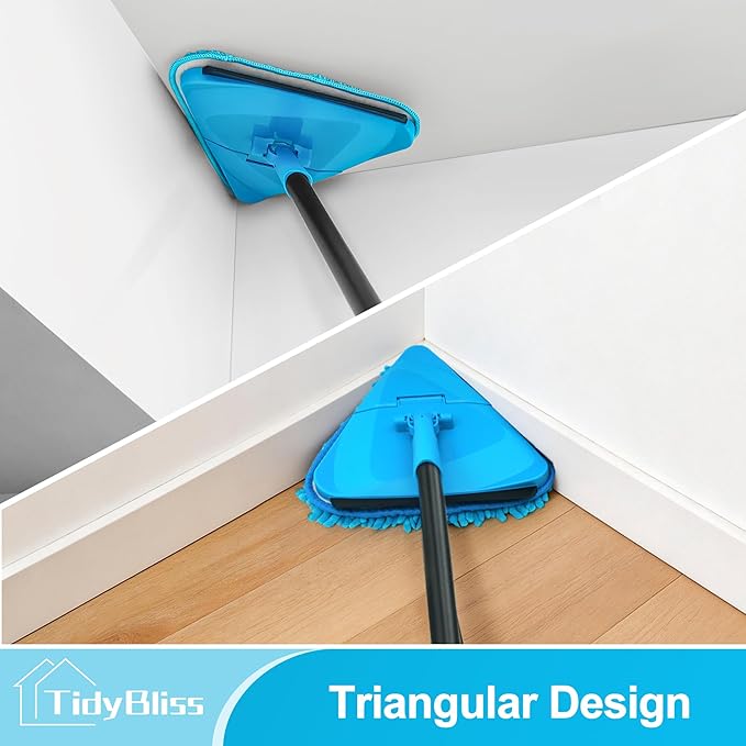 Wall Mop Cleaner with Long Handle 80” Ceiling Duster Scrubber with 360° Swivel Collapsible Head Baseboard Cleaning Tool with 4 Chenille and 2 Microfiber Pads for Windows Floor (Blue)