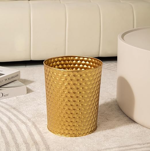 Large Metal Trash Can Wastebasket Decorative Honeycomb Garbage Can Modern Farmhouse Round Bin for Bathroom Bedroom Kitchen and Office (Gold)