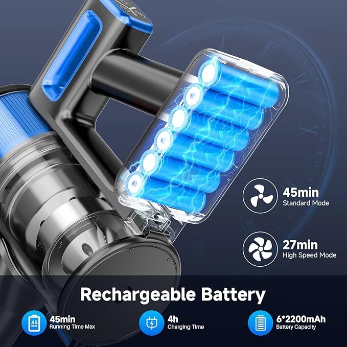 Cordless Vacuum Cleaner for Home - Lightweight Stick Vacuum Clean with Rechargeable Battery Max 45Mins Runtime 8 in 1 Handheld Vacuum for Hardfloor &amp Carpets Pet Hair Blue&ampBlack
