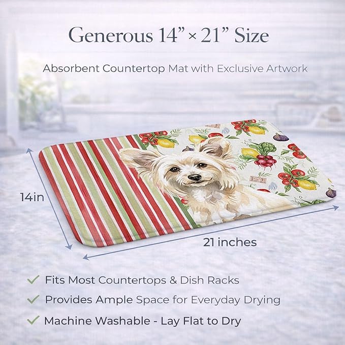 Caroline's Treasures Powderpuff Chinese Crested Vegetables Dish Drying Mat Absorbent Dish Drying Mat Pad for Kitchen Counter Dish Drainer Mat for Countertop 14 x 21 Multicolor