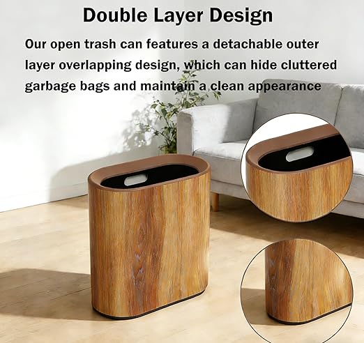 Trash Can for Bathroom 3.7 Gal Plastic Marble Wood Pattern Small Office Garbage Can for Bedroom Kitchen Slim Trash Bin Waste Basket Decorative Modern Trashcans (Plastic Wood Pattern)