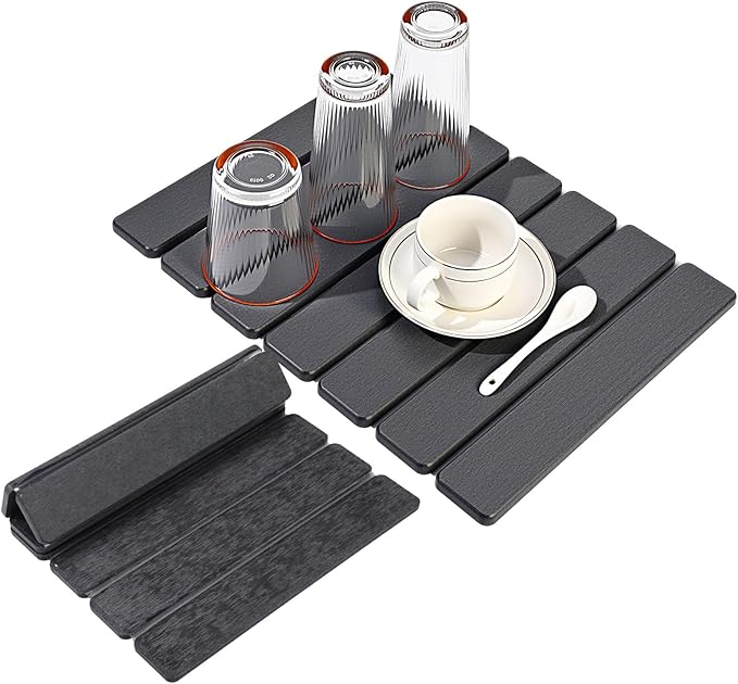 Sawysine 2 Pcs Stone Dish Drying Mats for Kitchen Counter 16x12 Collapsible Diatomaceous Earth Mats Absorbent Quick Drying Bath Kitchen Pad for Dishes Cups Bottles Fits Any Countertop(Dark Gray)