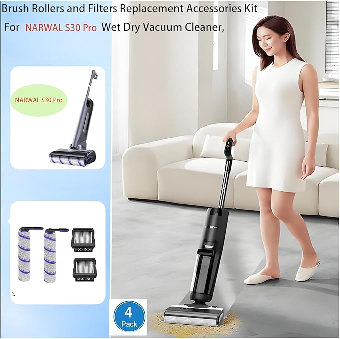 Replacement Accessories Kit for NARWAL S30 Pro / S30 Wet Dry Vacuum Cleaner：4 Pack Parts 2 Main Brush 2 Filters Spare Attachments
