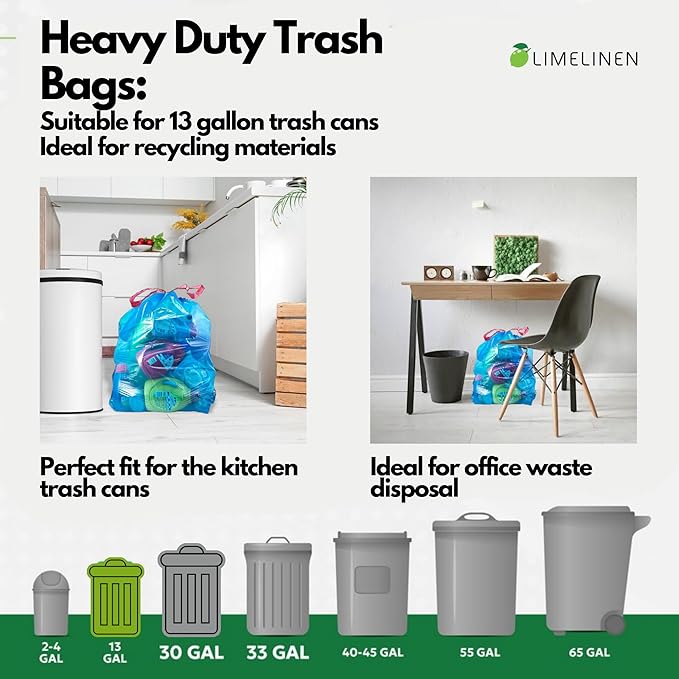 LIMELINEN Blue Recycling trash bags 13 gallon – 1000ct Leak and Odor-Resistant Heavy-Duty Plastic Garbage Bags for Home and Commercial Use