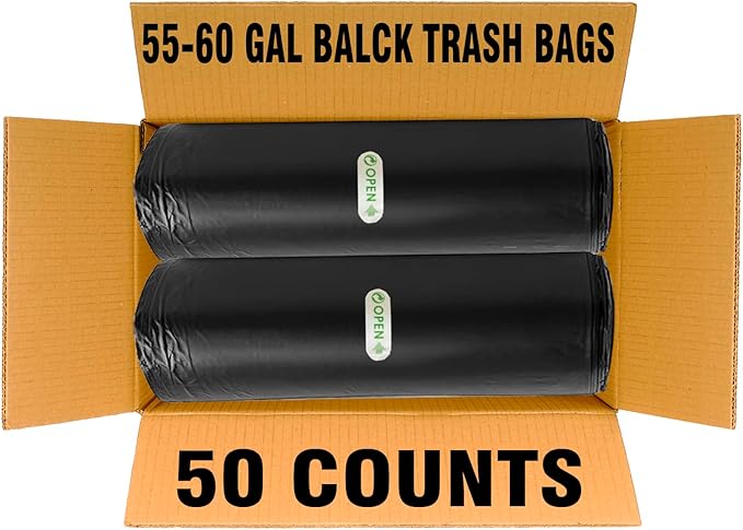 55-60 Gallon Trash Bags 50 Count Bulk Black Heavy Duty Garbage bags Multi-purpose Trash Can Bin Liners for home Commercial Outdoor Construction Industrial Lawn Leaf