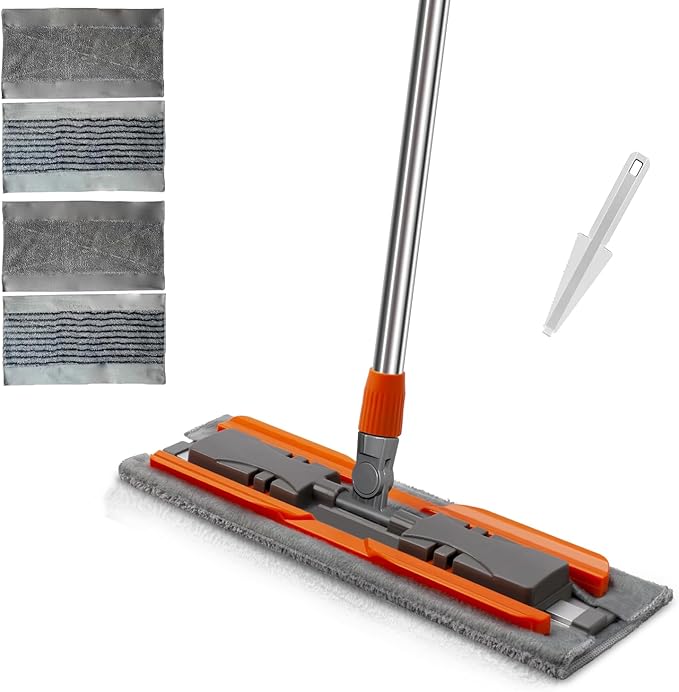 57-inch Microfiber Flat Mop with Stainless Steel Telescopic Handle and 4 Washable Mop Pads for Wet and Dry Cleaning of Hardwood Tile Laminate and Vinyl Floors Scratch-Resistant Professional Mops