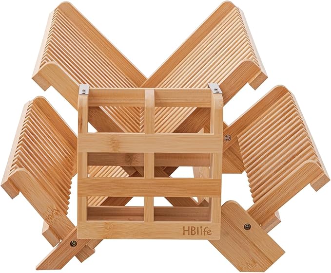 HBlife Bamboo Dish Drying Rack with Utensils Flatware Holder Set 3-Tier Large Folding Drying Holder for Kitchen Counter Collapsible Drainer