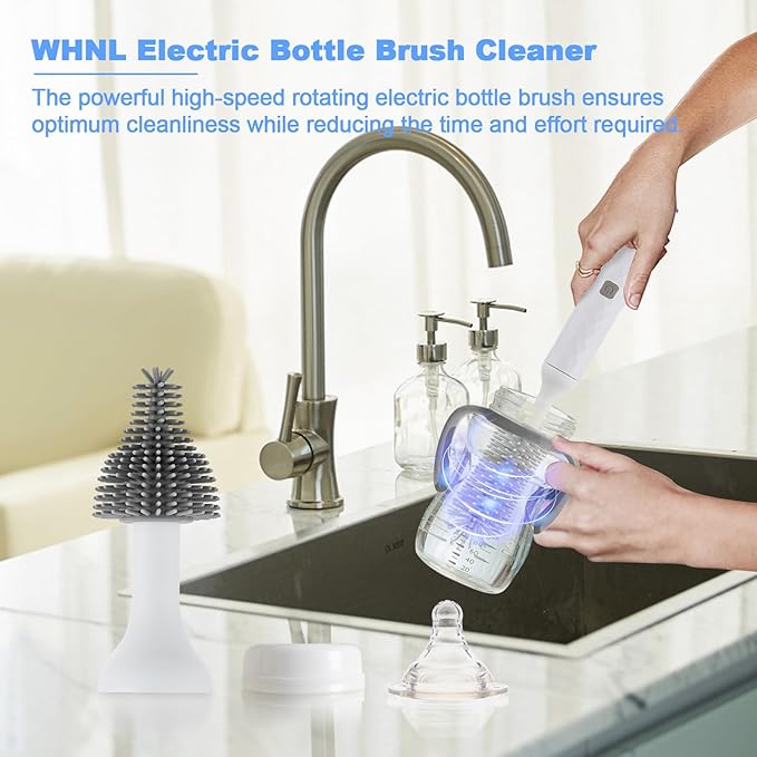 Rechargeable Electric Bottle Brush Cleaner Set with 3 Piece Silicone Baby Bottle Brush Cleaner and Straw Cleaner BrushBPA FreeWaterproofPerfect Baby Registry GiftWhite
